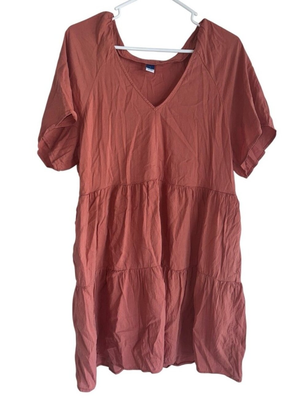 Old Navy Womens V Neck Mini Swing Dress Sz L Muted Red Tiered Boho Amberglow